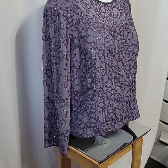 Sylvia Ann Blouse Beaded Periwinkle sequined Size 10-12 formal dressy party vtg - Picture 4 of 7